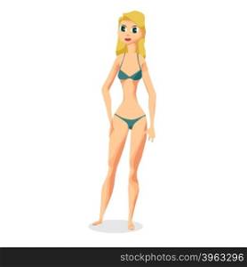 Slender woman dressed in green swimsuit is standing. Isolated flat design illustration. The comic tall blonde on the beach in green bikini&#xA;