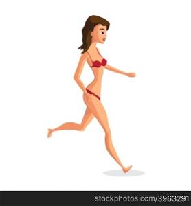 Slender woman dressed in red swimsuit is running. Isolated flat design illustration. The comic tall brunette on the beach in red bikini is jogging