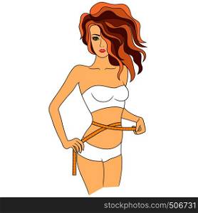 Slender woman with tape measure around her body showing what she is thin, colored vector illustration isolated on the white background