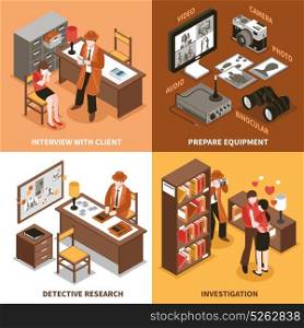 Sleuth Isometric Design Concept. Detective design concept with covered man in coat and his client characters in private and office environment vector illustration