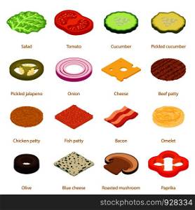 Slice food icons set. Isometric illustration of 16 slice food vector icons for web. Slice food icons set, isometric style
