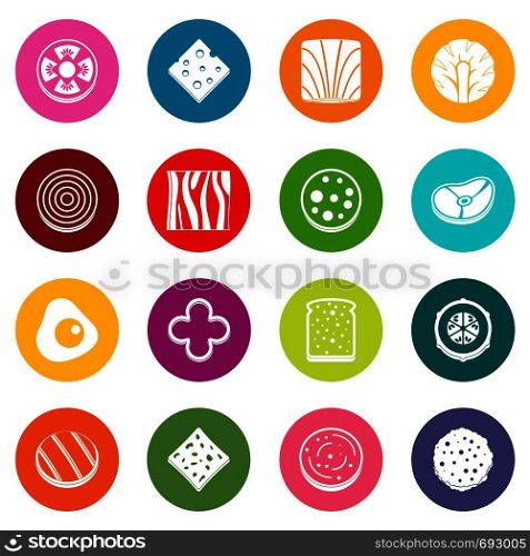 Slice food ingredient icons many colors set isolated on white for digital marketing. Slice food ingredient icons many colors set
