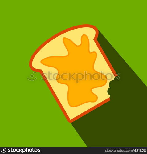 Slice of bread with honey flat icon on a green background. Slice of bread with honey