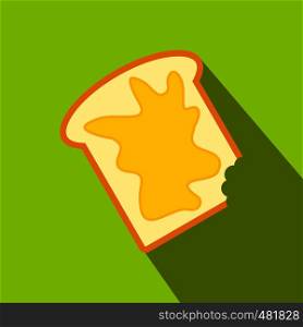 Slice of bread with honey flat icon on a green background. Slice of bread with honey