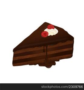 Slice of chocolate cake with fresh raspberry on white background, vector illustration