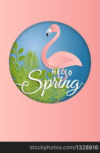 Slice of paper, origami, Pink flamingo in tropical leaves. Summer trendy tropical template with twinkling fireflies and exotic palm foliage in a circle. Wildlife concept. Vector floral background