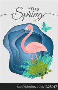 Slice of paper, origami, Pink flamingo in tropical leaves. Summer trendy tropical template with twinkling fireflies and exotic palm foliage in a circle. Wildlife concept. Vector floral background
