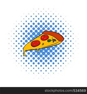 Slice of pizza icon in comics style on a white background. Slice of pizza icon, comics style