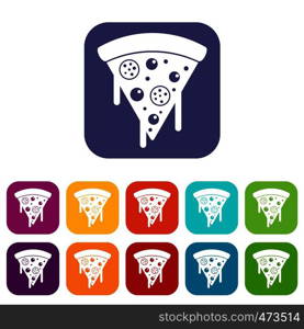 Slice of pizza with salami and melted cheese icons set vector illustration in flat style In colors red, blue, green and other. Slice of pizza with salami, melted cheese icons