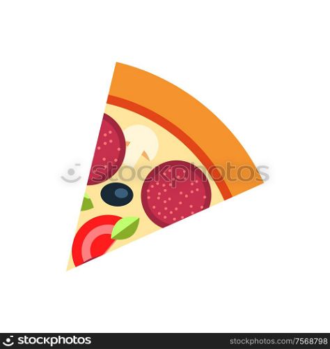 Slice of pizza with salami, olive and tomato, cheese and mushroom. Morsel cooking dish with meat, green with melted mozzarella, round baked dough vector. Slice of Pizza with Salami and Vegetables Vector