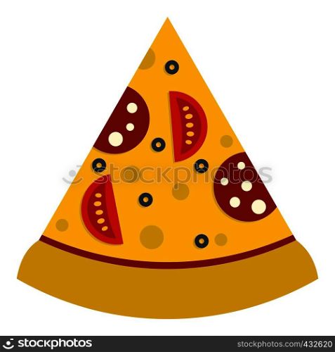 Slice of pizza with sausage and tomatoes icon flat isolated on white background vector illustration. Slice of pizza with sausage and tomatoes icon