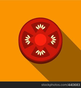 Slice of ripe tomato icon. Flat illustration of slice of ripe tomato vector icon for web on yellow background. Slice of ripe tomato icon, flat style