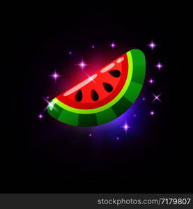 Slice of sweet ripe pink glossy watermelon, slot icon for online casino or logo for mobile game on dark purple background, vector illustration. Slice of sweet ripe pink glossy watermelon, slot icon for online casino or logo for mobile game on dark purple background, vector illustration.
