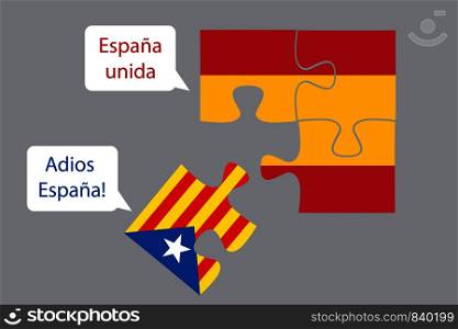 Slice of the puzzle of the flag of Catalonia falls out of the flag of Spain,and speech bubble -United Spain and goodbye Spain,cartoon vector illustration. Slice of the puzzle of the flag of Catalonia falls out of the fl