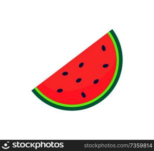 Slice of watermelon icon, sweet organic fruit with black seeds vector illustration isolated on white. Refreshing summer food, heakthy eating concept. Slice Watermelon Icon Sweet Organic Fruit Vector