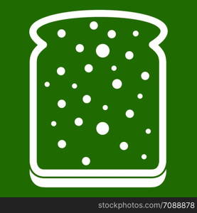 Slice of white bread icon white isolated on green background. Vector illustration. Slice of white bread icon green