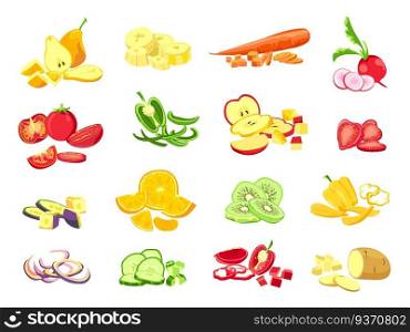 Sliced fruit and vegetable. Cartoon vegetarian food cutted slices, rings and pieces. Fruits half cut of orange, apple and banana vector set. Vegetable and fruits banana eggplant illustration. Sliced fruit and vegetable. Cartoon vegetarian food cutted slices, rings and pieces. Fruits half cut of orange, apple and banana vector set