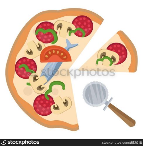 Sliced pepperoni pizza illustration vector on white background