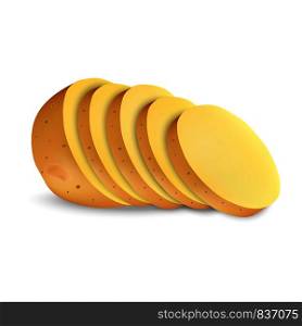 Sliced potato mockup. Realistic illustration of sliced potato vector mockup for web design isolated on white background. Sliced potato mockup, realistic style