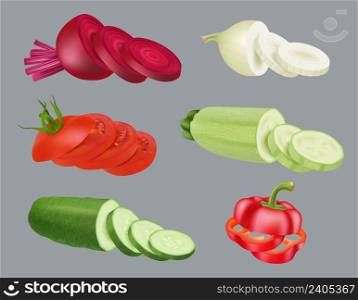Sliced products. Vegetables collection pepper zucchini onion tomato and cucumber decent vector realistic illustrations set. Vegetable food and vegetarian, fresh product to cooking. Sliced products. Vegetables collection pepper zucchini onion tomato and cucumber decent vector realistic illustrations set