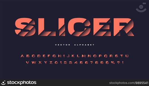 Sliced sans serif vector alphabet, cut font, letter and number set.. Sliced sans serif vector alphabet, cut font, letter and number set