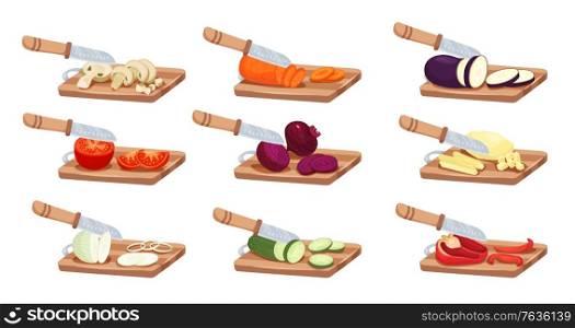 Sliced vegetables and knife set with tomato pepper and onion flat isolated vector illustration