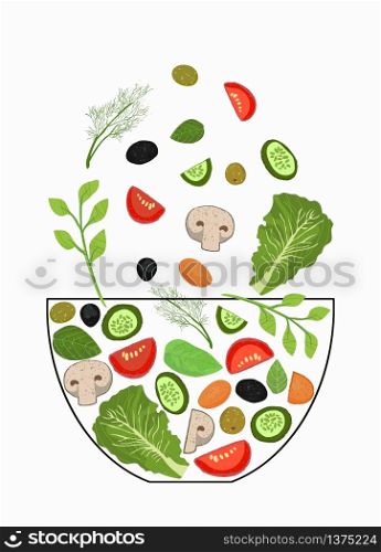 Sliced vegetables falling into a salad bowl. A set of elements for cooking. Vegetables in pieces, herbs. Vector illustration. The concept of cooking. Sliced vegetables falling into a salad bowl. A set of elements for cooking. Vegetables in pieces, herbs. Vector illustration. The concept of cooking.