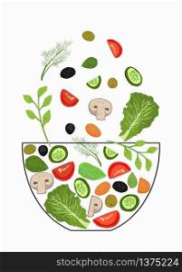 Sliced vegetables falling into a salad bowl. A set of elements for cooking. Vegetables in pieces, herbs. Vector illustration. The concept of cooking. Sliced vegetables falling into a salad bowl. A set of elements for cooking. Vegetables in pieces, herbs. Vector illustration. The concept of cooking.