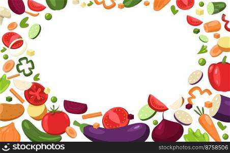 Sliced vegetables framing. Cartoon chopped fresh pepper onion eggplant mushroom cucumber tomato, pieces of vegetables for cooking. Vector healthy food frame banner. Organic grocery products. Sliced vegetables framing. Cartoon chopped fresh pepper onion eggplant mushroom cucumber tomato, pieces of vegetables for cooking. Vector healthy food frame banner