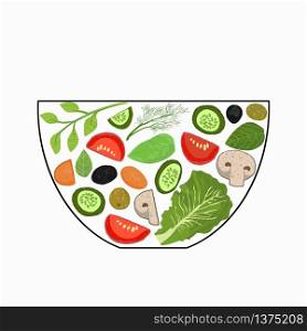 Sliced vegetables in a salad bowl. A set of elements for cooking. Vegetables in pieces, herbs. Vector illustration. The concept of cooking. Sliced vegetables in a salad bowl. A set of elements for cooking. Vegetables in pieces, herbs. Vector illustration. The concept of cooking.