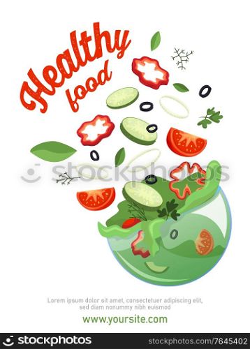Sliced vegetables poster with pepper cucumber and herbs flat vector illustration