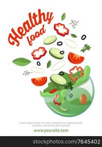 Sliced vegetables poster with pepper cucumber and herbs flat vector illustration