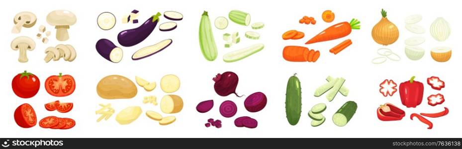 Sliced vegetables set with onion carrot and potatoes flat isolated vector illustration