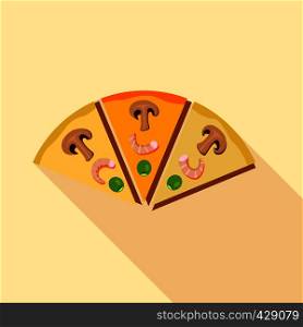 Slices of pizza with champignons mushrooms icon. Flat illustration of slices of pizza with champignons mushrooms vector icon for web. Slices of pizza with champignons mushrooms icon