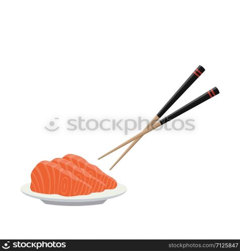 Slices of salmon on the plate and wooden chopsticks. Japanese delicacy. Fresh raw fish. Sashimi.