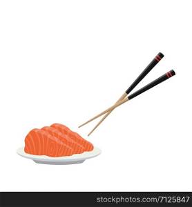 Slices of salmon on the plate and wooden chopsticks. Japanese delicacy. Fresh raw fish. Sashimi.
