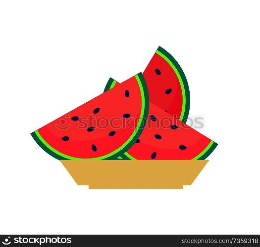 Slices of watermelon on plate, sweet organic fruit with black seeds vector illustration isolated. Refreshing summer food, heakthy eating concept. Slices of Watermelon on Plate, Sweet Organic Fruit
