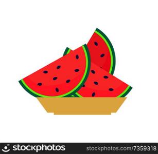 Slices of watermelon on plate, sweet organic fruit with black seeds vector illustration isolated. Refreshing summer food, heakthy eating concept. Slices of Watermelon on Plate, Sweet Organic Fruit
