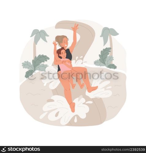 Slide isolated cartoon vector illustration Aquapark slide, family leisure time,child and parent sliding down together, making a splash, having fun in water, holiday attraction vector cartoon.. Slide isolated cartoon vector illustration