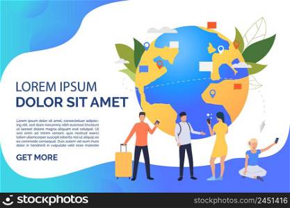 Slide page with globe, travelling and communicating people vector illustration. Networking, navigation, destination. Travel concept. Design for website templates, posters, presentations