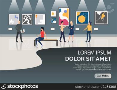 Slide page with people visiting museum vector illustration. Art gallery, exposition, exhibition. Artworks concept. Design for website templates, posters, presentations