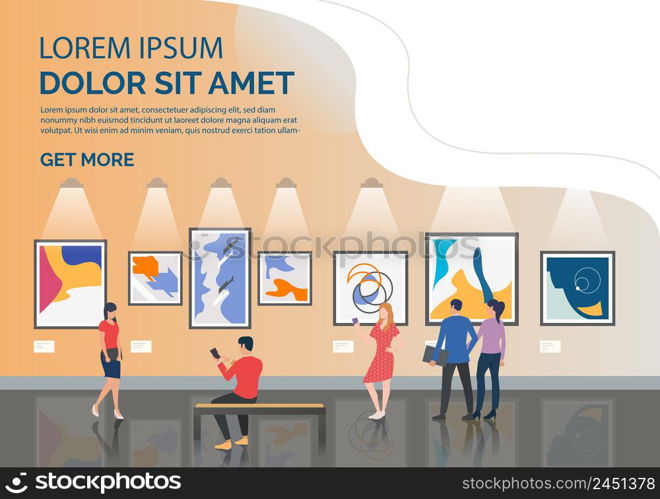 Slide page with tourists looking at artworks vector illustration. Art gallery, museum, exhibition. Artworks concept. Design for website templates, posters, presentations