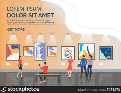 Slide page with tourists looking at artworks vector illustration. Art gallery, museum, exhibition. Artworks concept. Design for website templates, posters, presentations
