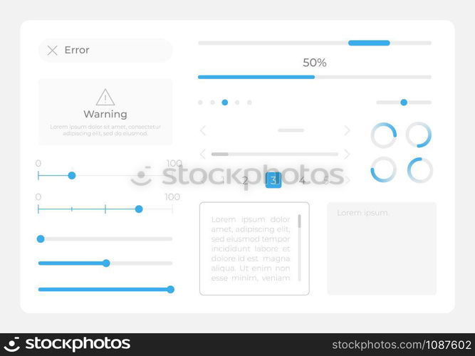 Sliders UI elements kit. Editable isolated vector components. Navigation menu. Web design widget collection for mobile application, software with light theme. Montserrat Light, Medium, Bold fonts used. Sliders UI elements kit
