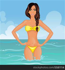 Slim and attractive young woman in yellow bikini standing in seawater vector illustration