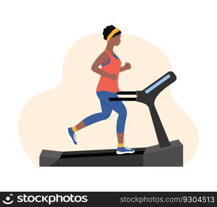 Slim athletic girl running on treadmill. African american woman jogging on fitness equipment. Endurance cardio run training. Flat vector illustration.. Slim athletic girl running on treadmill. African american woman jogging on fitness equipment. Endurance cardio run training. Flat vector illustration