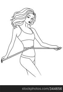 Slim beautiful woman with tape measure around her body showing what she is thin, outline vector artwork