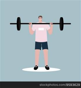 Slim, fit male athlete weightlifter training. Sports equipment activity. Athletic brunette young man lifting, raise weight, strength workout. Vector illustration.. Slim, fit male athlete weightlifter training. Sports equipment activity. Athletic brunette young man lifting, raise weight, strength workout. Vector illustration
