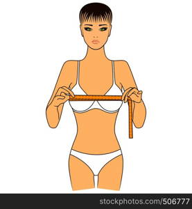 Slim girl measuring the size of her chest with tape measure, colored vector illustration isolated on the white background