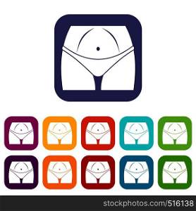 Slim woman body in panties icons set vector illustration in flat style in colors red, blue, green, and other. Slim woman body in panties icons set